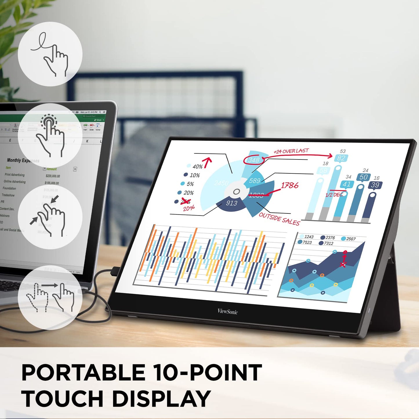 ViewSonic VA1653 16 Inch 1080p FHD IPS Portable Monitor with Eye Care, Built-in Stand, USB C, Mini HDMI, and Protective Case External Second Screen for Laptops, PC, Mac, and Gaming Consoles