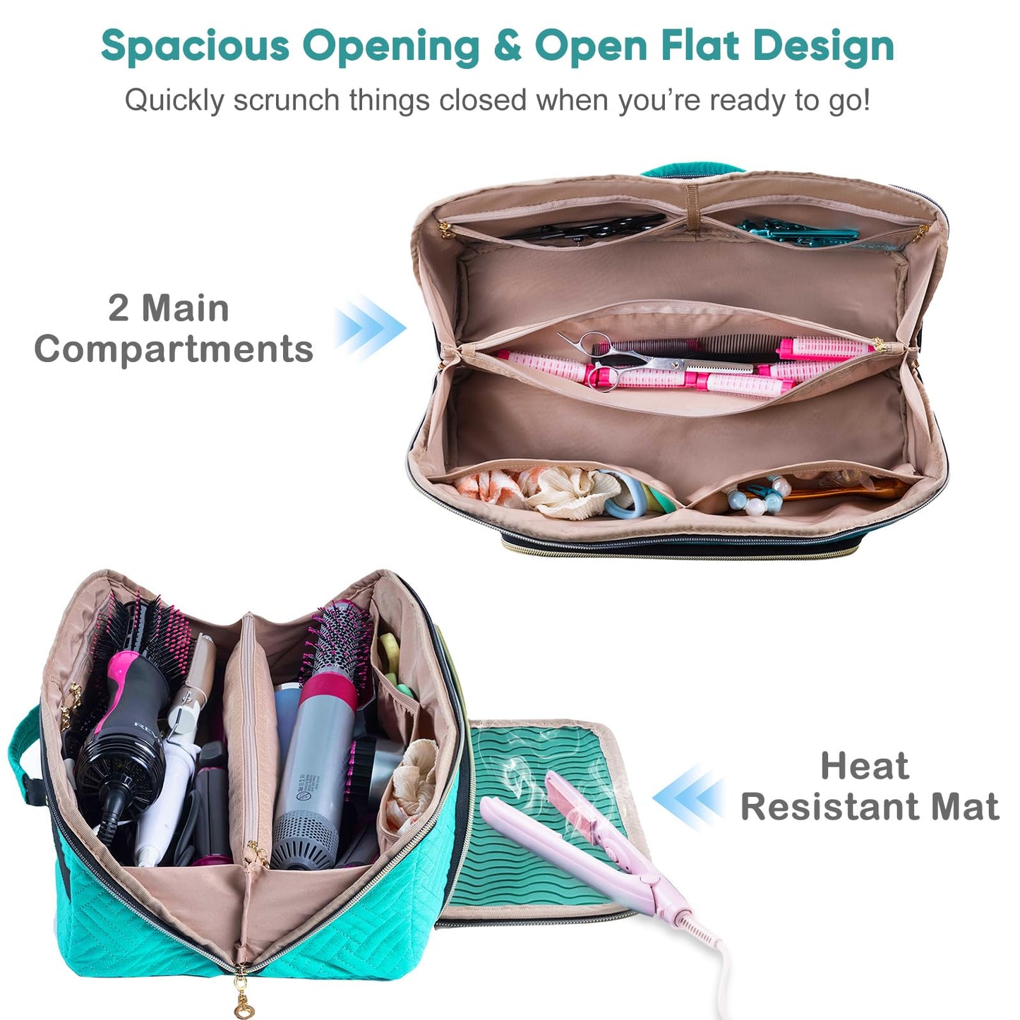 Large Hair Tools Travel Bag with Iron Mat - 2in1 Hair Tools Organizer for Hair Dryer Brush, Flat Irons, Straighteners, Curling Irons, Hair Bag, Makeup Bag, Cosmetic Bag for Travel Essentials