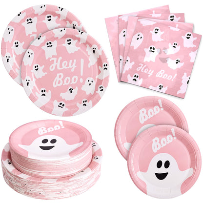Osonm 180Pcs Halloween Party Supplies Serve 60,Pink Ghost Paper Plates and Napkins Disposable Dinnerware Kit,for Trick or Treat Birthday Party Decorative