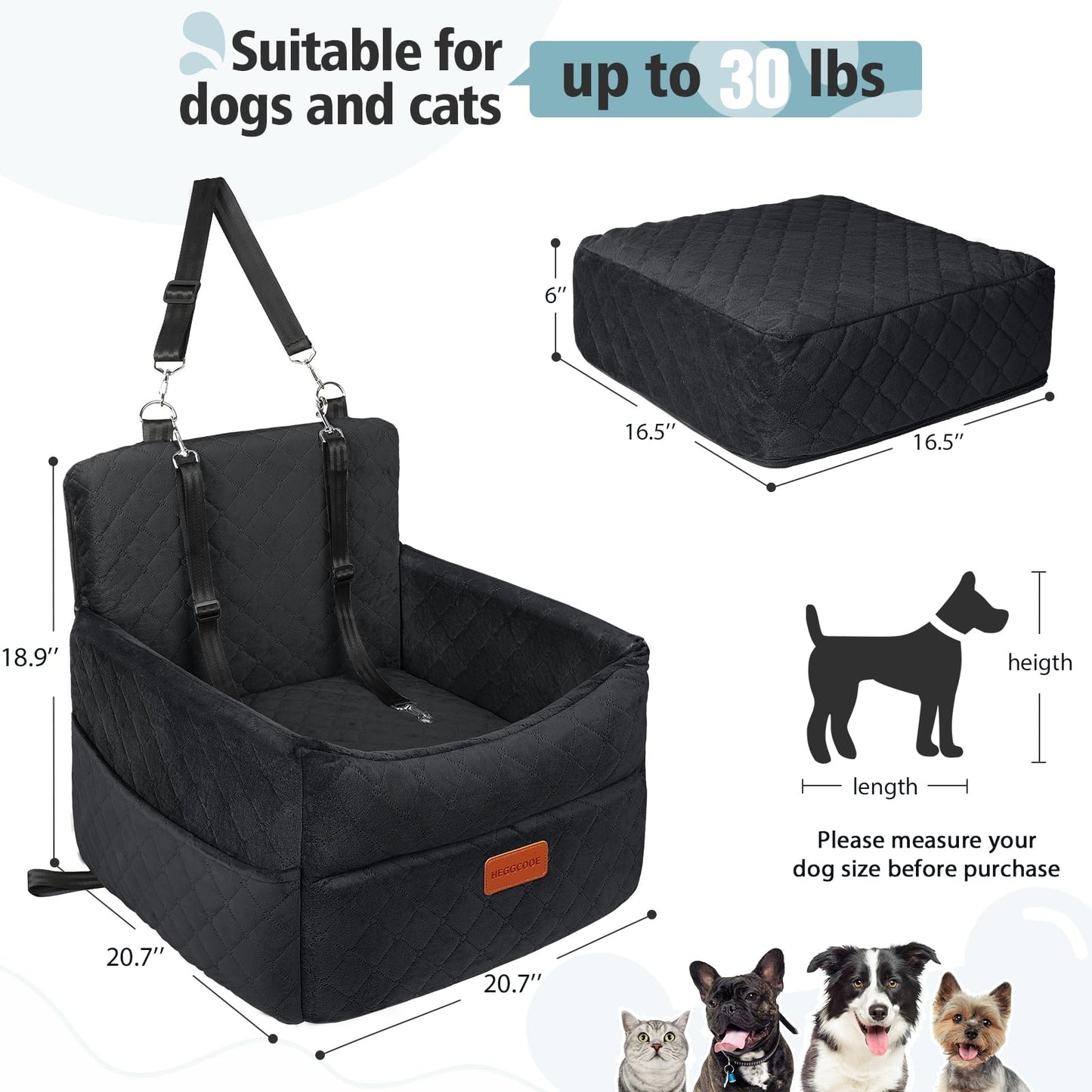 HEGGCOOE Small Dog Car Seat, Memory Foam Dog Booster Seats with Thick Cushion for Medium Dogs Under 35lbs, Detachable Washable Pet Car Seat with Storage Pockets,2 Safety Belts