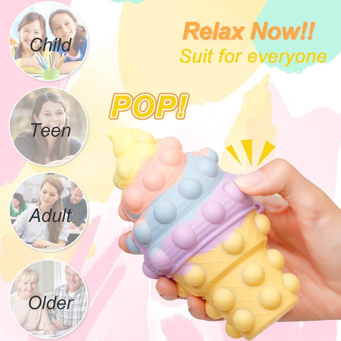 Anboor Fidget Toys, 3D Ice Cream Pop Stress Ball Sensory Toy Anxiety Stress Reliever Toy for Autism Early Education Halloween Presents Ideas Teens Adults Presents Girls Boys Toddler
