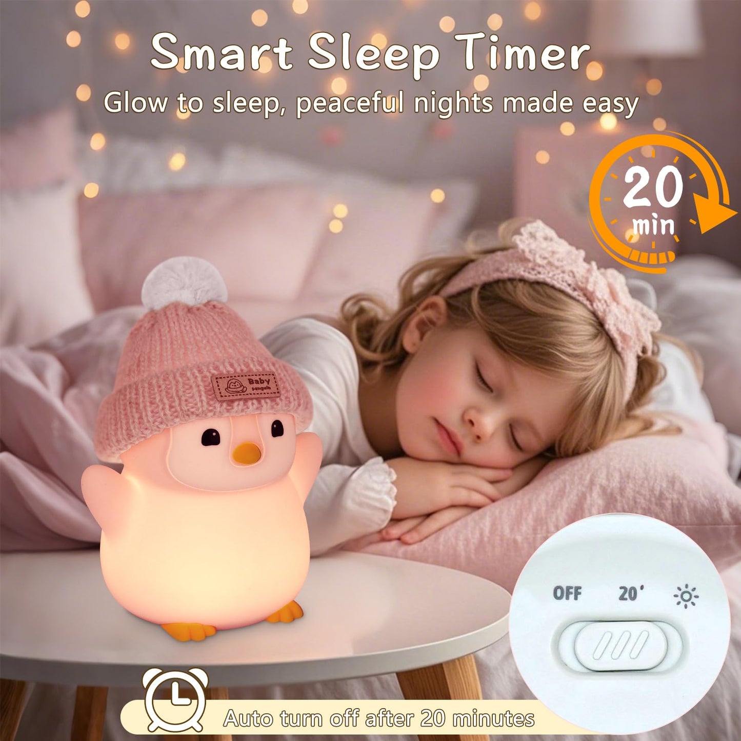 FAMIDUO Penguin Night Light, Cute Pink Penguin Lamp with Knit Hat, Soft Silicone Nursery Nightlight for Baby, Rechargeable/Dimmable/Timer,LED Squishy Novelty Animal Bedside Lamp,Funny Gifts for Kids