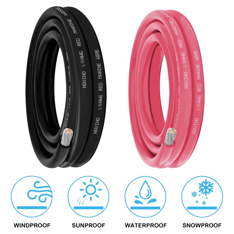 1/0 Gauge Marine Wire 1/0 AWG Marine Grade Wire Include 1/0 Gauge 5FT Red & 5FT Black,1/0 AWG Tinned Copper Oxygen-Free Boat Electrical Cable for Automotive/RV/Camper/Trailer Outdoor Use