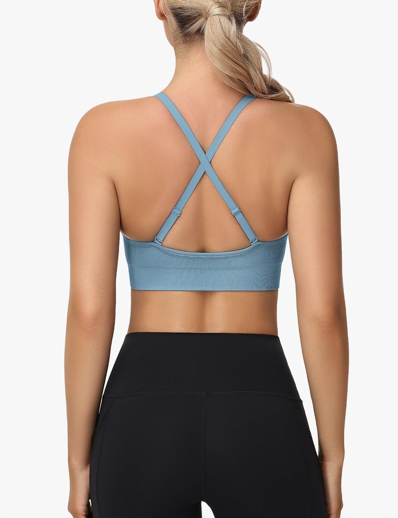 WANAYOU Sports Bras for Women, Deep V Neck Adjustable Spaghetti Strap Cross Back Sport Bra with Padding Low Support Wirefree Seamless Sexy Triangle Bralettes for Women 3 Pack Black Grey Blue Large