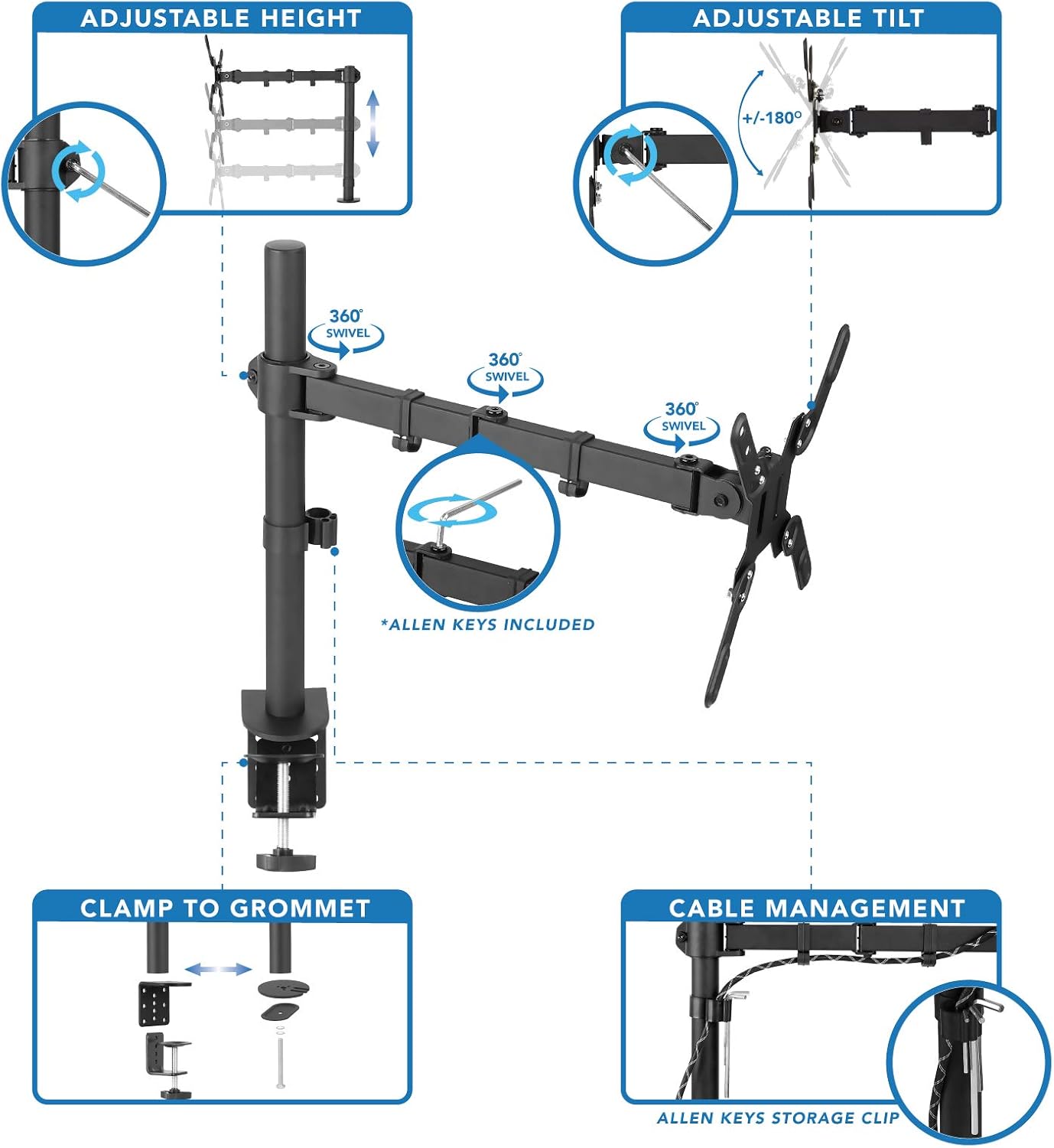 Mount-It! Large Monitor Desk Mount with VESA 200 (200x200, 200x100) Bolting Pattern, Fits up to 42 Inch and Ultrawide Monitors, Full Motion with Clamp and Grommet Base