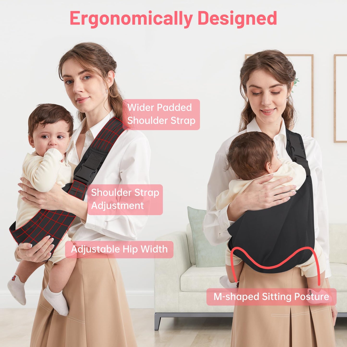 Mumgaroo Baby Sling, Adjustable Toddler Carrier Sling, Breathable Baby Sling Carrier with Thick Shoulder Straps for Newborn, Infant, Toddler, 0-36 Months (Black)