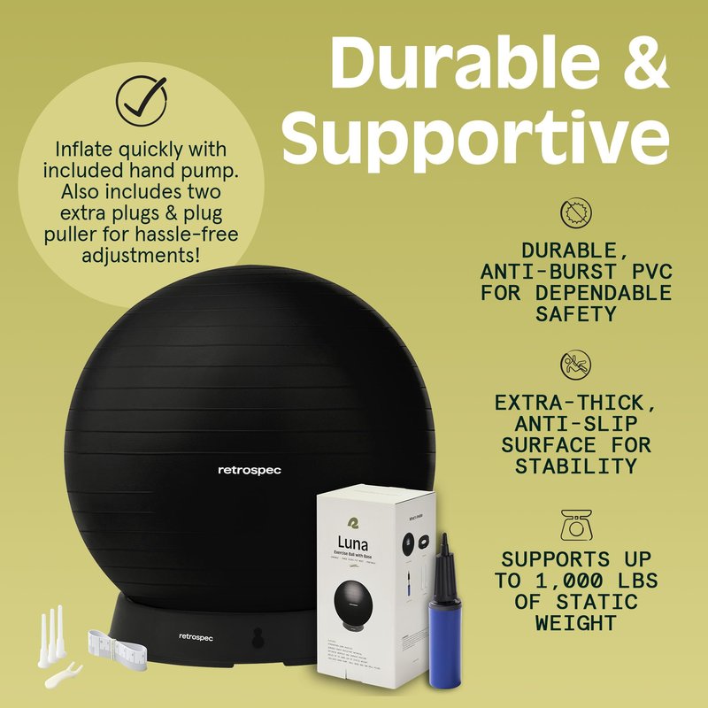 Retrospec Luna Exercise Ball - 55, 65, or 75cm Yoga Ball for Workouts, Stability, Pregnancy - Swish Balance Ball w/Pump & Base for Office & Home Gym, 65cm, Black