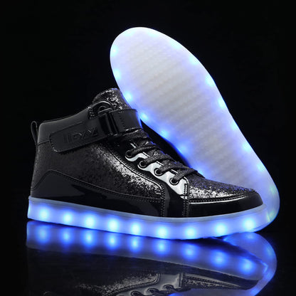 IGxx LED Light Up Shoes for Men USB Recharging High Top Sneakers Women Kids Glitter Black 12