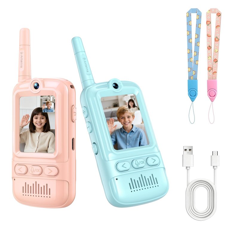 Video Walkie Talkies for Kids Rechargeable Walkie Talkies Long Range with Emoji Chat and Photo Functions Multifunctional Indoor Outdoor Toys for Kids Christmas Birthday Gifts (Pink&Blue)