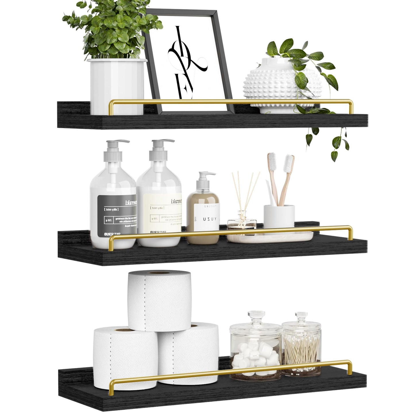 RYOFOBETTO Floating Shelves for Wall Decor, Black and Gold Shelves for Bathroom, Living Room, Bedroom, Picture Frames, Plants, Kitchen (Set of 3)