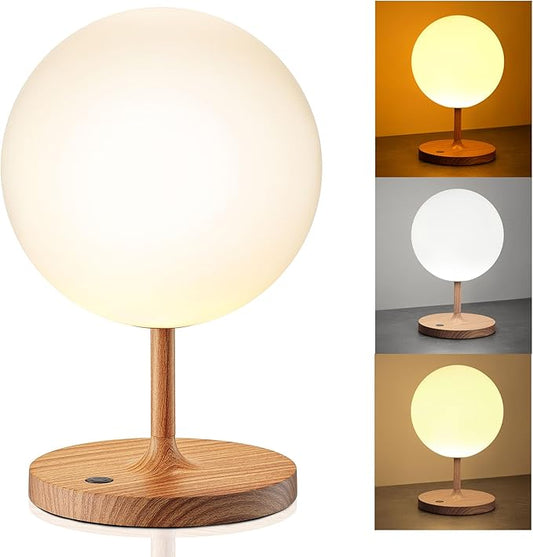 Outdoor Battery Operated Table Lamp & Power Bank - 5000mAh Rechargeable Battery Powered, Touch Dimmable, 3 Color Temperatures, IP44 Waterproof Lamp for Home, Patio Use - 9.6 In Modern Wood Grain Globe