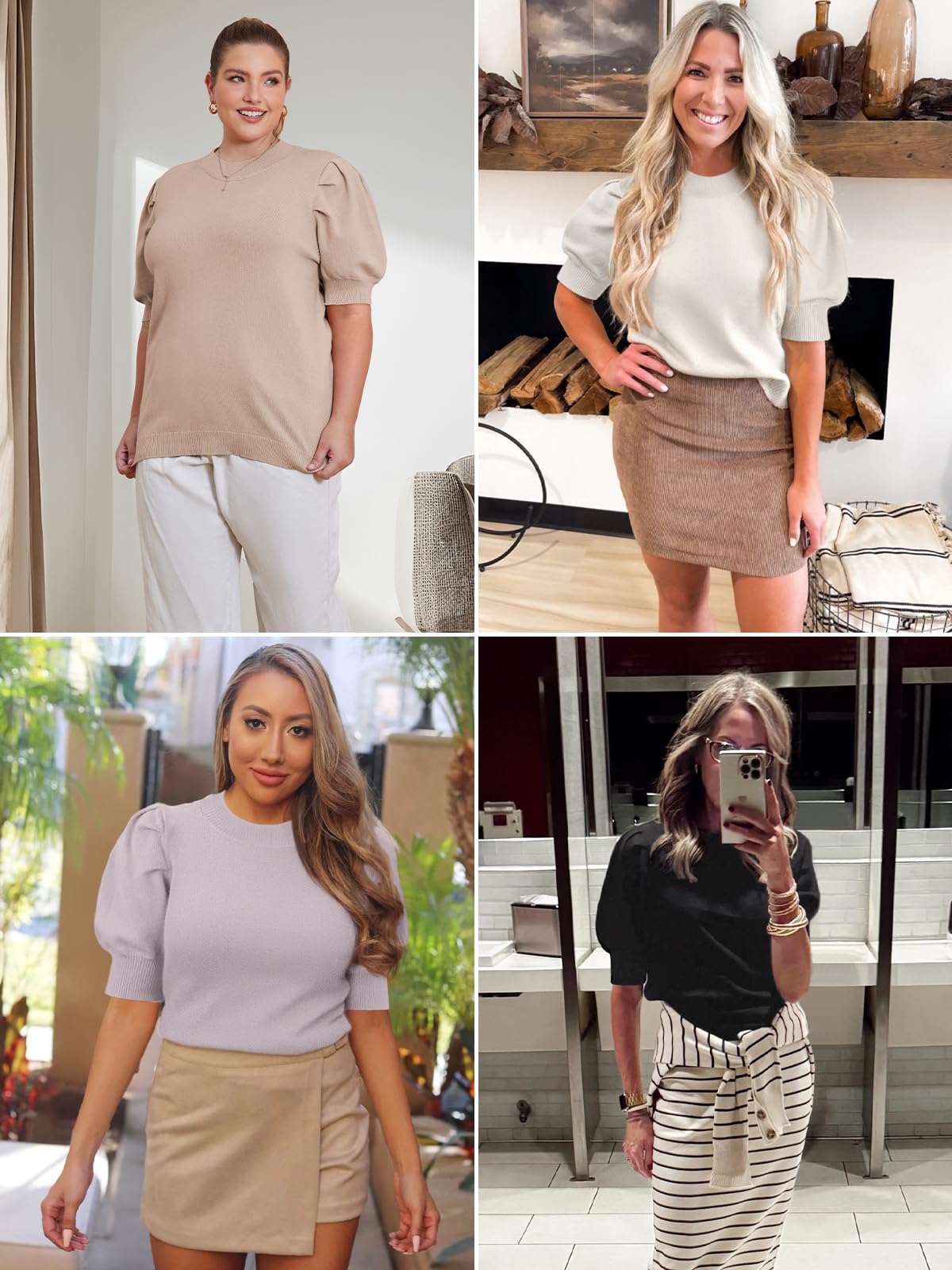 ATHMILE Women's Puff Short Sleeve Sweater Tops 2025 Spring Summer Fall Trendy Y2K Crew Neck Casual T Shirts Blouses A-Beige