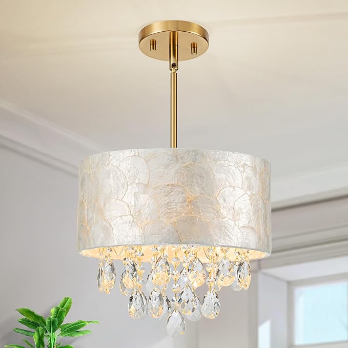 3-Lights Drum Capiz Shell Crystal Chandelier, Coastal Style Pendant Light Fixture for Dining Room, Living Room, D12 x H19~49"(Adjustable), Shell Lampshade & Gold Finish
