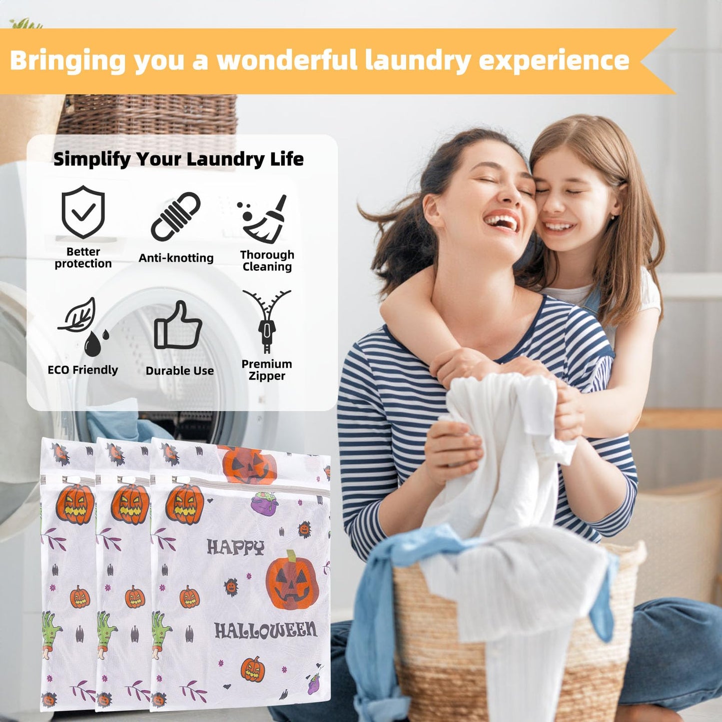 3Pcs Halloween Durable Mesh Laundry Bag, Durable Laundry Bags with Premium Zipper for Indoor Home Decor (Halloween 02)