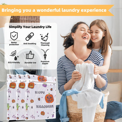 3Pcs Halloween Durable Mesh Laundry Bag, Durable Laundry Bags with Premium Zipper for Indoor Home Decor (Halloween 02)