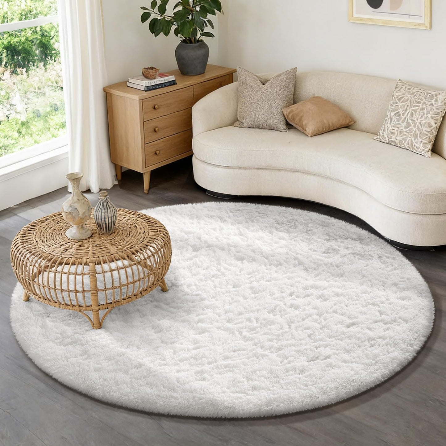Ophanie Round Rug 6Ft White Circle Area Rug, Aesthetic Room Decor, Fluffy Fuzzy Bedroom Carpet, Plush Soft Shaggy Living Room Rugs for Kids Home, Nursery with Over 99 pcs Pile fibers