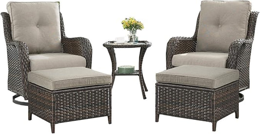 Rilyson Wicker Patio Furniture Set - 5 Piece Rattan Outdoor Sectional Conversation Sets with 2 Swivel Rocking Chairs,2 Ottomans and 1 Side Table for Porch Deck Garden(Brown/Grey)