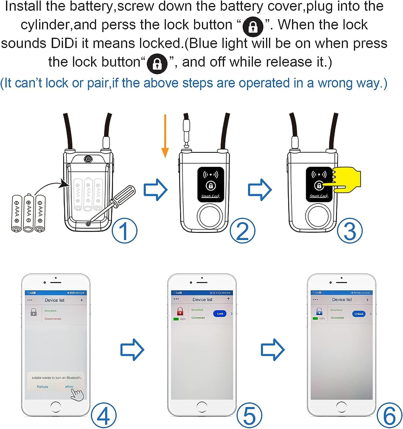 Nulock Keyless Bluetooth Bike/Motorcycle/Gate Lock IP44 Splash-Proof Cycling Lock with 110db Alarm, 0.38" Diameter 24-inch (2ft) Braided Steel Cable Padlock for Gate(2025 Version)