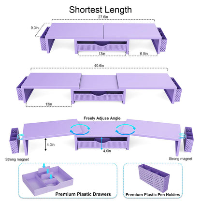 gianotter Dual Monitor Stand Riser, Desk Organizer With Drawer and 2 Pen Holders, Desk Organizers and Accessories, Purple Office Decor (Purple)