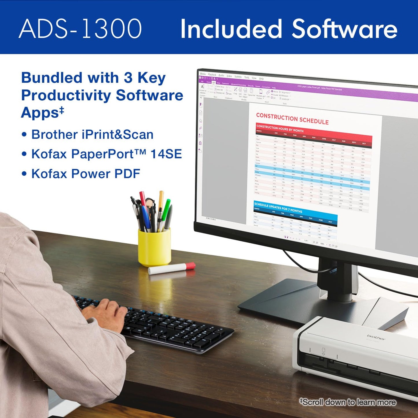 Brother ADS-1300 Compact Desktop Scanner | Scan Speeds of Up to 30ppm | Single Pass Double-Sided Scanning