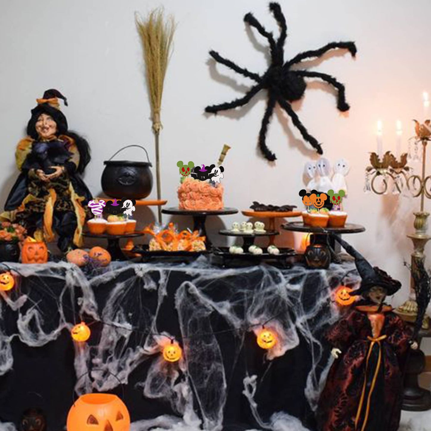 36 PCS Mini Mouse Inspired Halloween Cupcake Toppers Glitter Witch Hat Bat Zombie Mummy Ghost Spooky Cupcake Picks for Halloween Mini Theme Baby Shower Birthday Party Cake Decorations Supplies