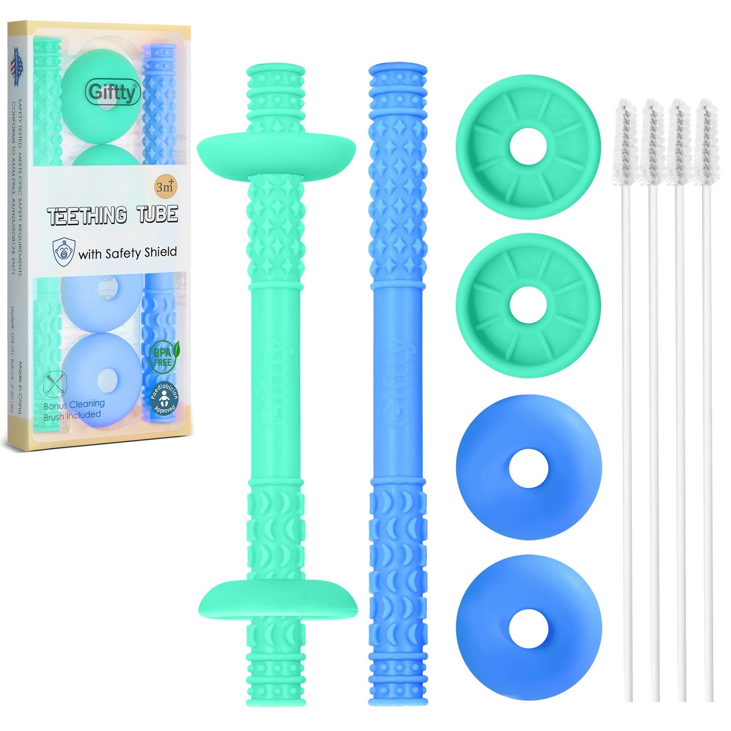 Giftty Teething Tube with Safety Shield Baby Hollow Teether Sensory Toys Gum Massager, Food-Grade Silicone for Infant 3-12 Months Boys Girls, 1 Pair with 4 Cleaning Brush Included (Emerald+Blue)