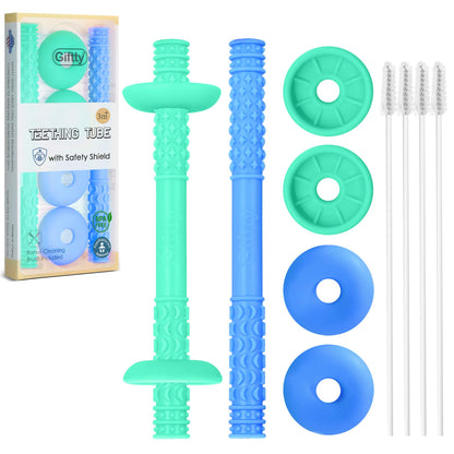 Giftty Teething Tube with Safety Shield Baby Hollow Teether Sensory Toys Gum Massager, Food-Grade Silicone for Infant 3-12 Months Boys Girls, 1 Pair with 4 Cleaning Brush Included (Emerald+Blue)