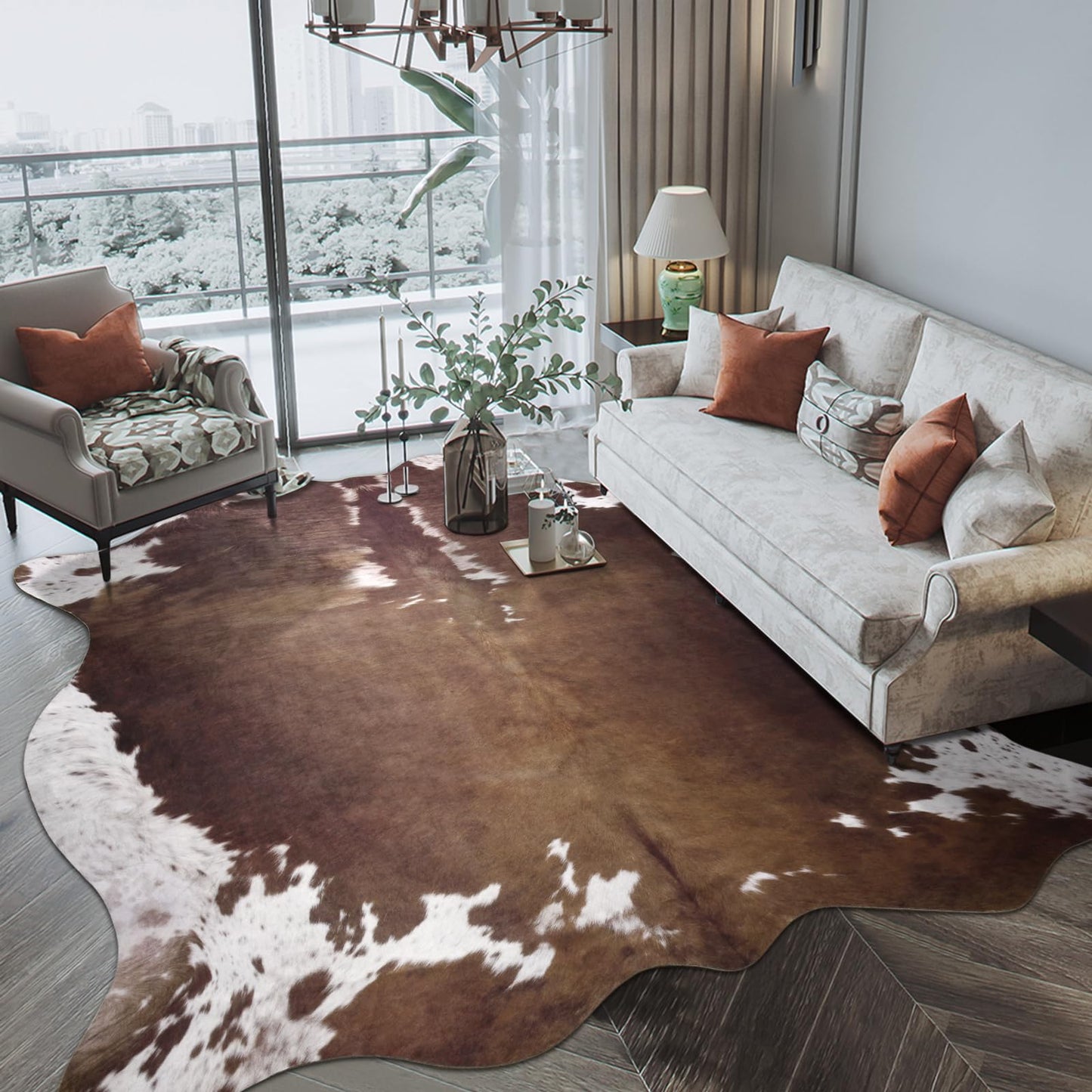 Pettop Luxury Faux Cowhide Rug 4.6x5.2 Feet - Western Cow Print Area Rugs for Living Room, Bedroom, Farmhouse - Premium Western Style Faux Fur Carpet, Non-Slip Animal Hide Throw Rugs (Dark Brown)
