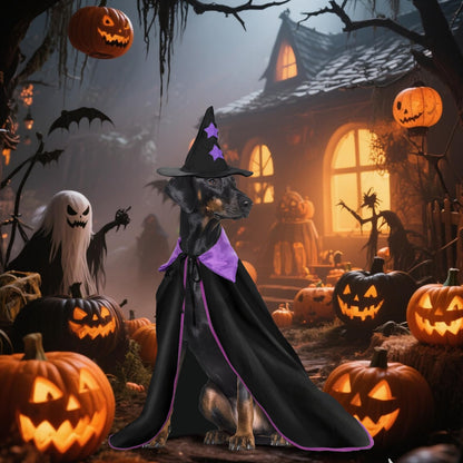 Rypet Halloween Dog Witch Costume, Dog Halloween Costumes Set with Cloak and Star Hat, Dogs Witches Cape for Large and Medium Dogs, Pet Outfit for Halloween Party Magician and Witch Cosplay XL