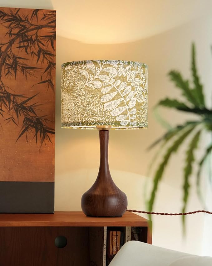 17" Modern Table Lamp Desk Lamp for Living Room Bedroom Home Office, Red Wood Pattern Farmhouse Nightstand Bedside Table Lamp with Green Fabric Shade