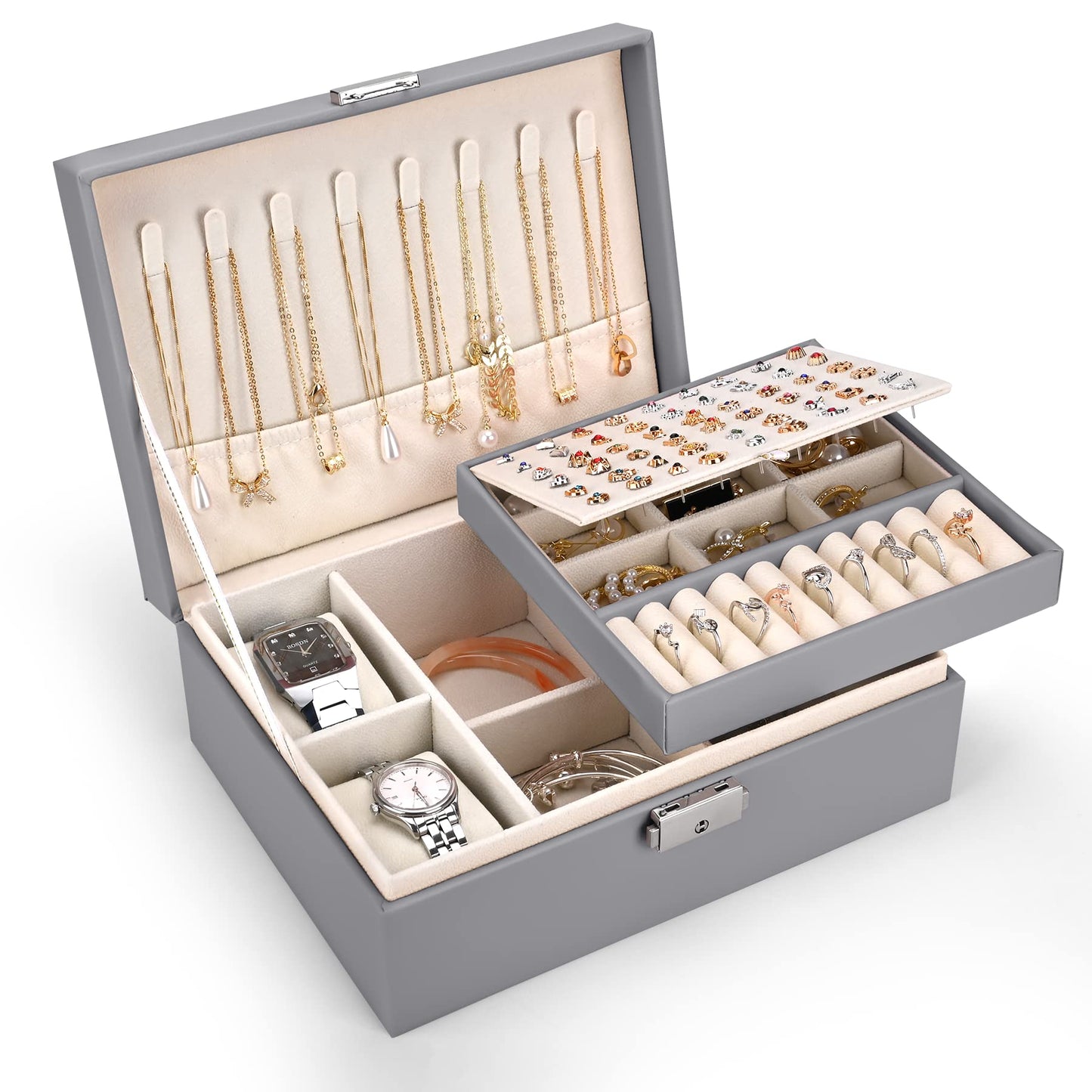 Pystuvo Jewellery Box for Women, 2-Layer Large Jewellery Organiser Box with 2 Watch Pillows, PU Leather, Travel Jewellery Organiser for Earrings Rings Necklaces Watches Bracelets,Grey