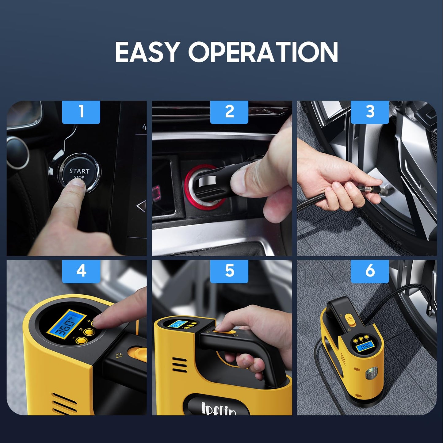 Ipflin Tyre Inflator Air Compressor-12V DC,Digital Car Tyre Pump 150 PSI, Preset Tyre Pressure & Auto Shutoff,Digital Air Pump for Car Tyres Bicycles Other Inflatables,Yellow