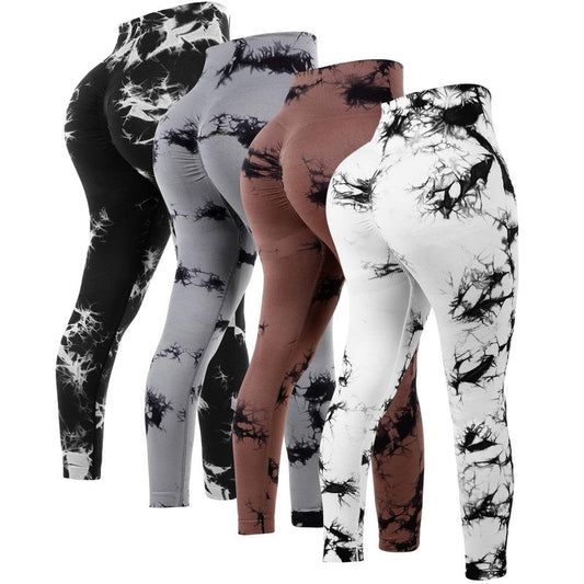Mumucove 4 Pcs Womens Workout Leggings Tie Dye High Waisted Yoga Pants Seamless Scrunch Butt Lifting Compression Tights (Brown, Gray, Black, White,Large)