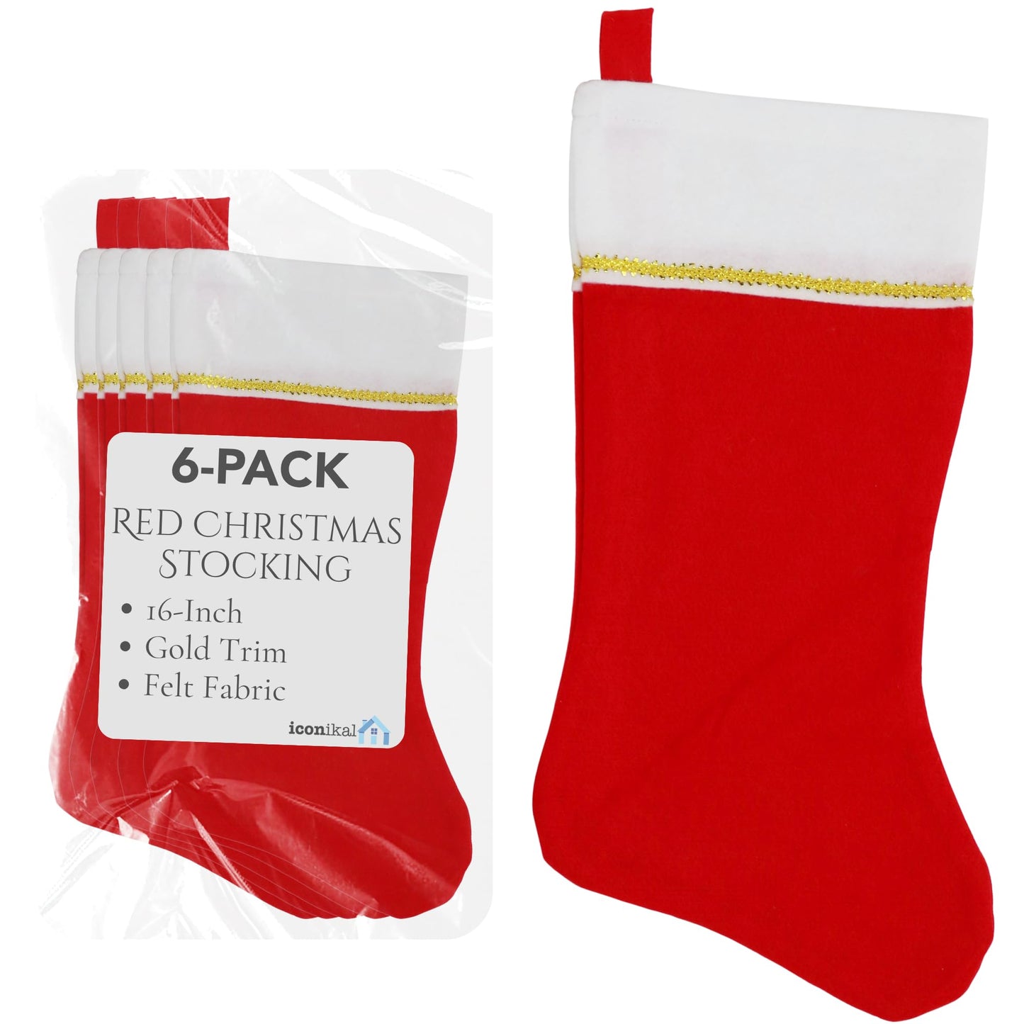 Iconikal 6-Pack Felt Christmas Stocking, White & Red with Gold Trim, 18-Inch Long
