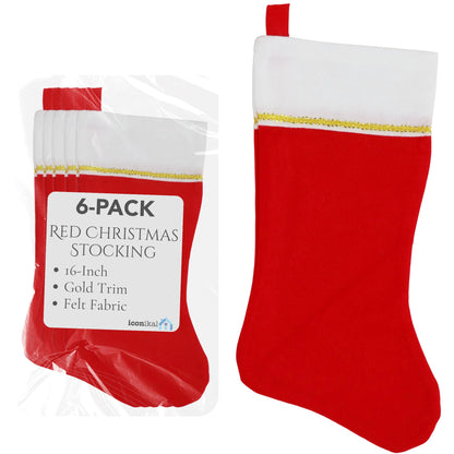 Iconikal 6-Pack Felt Christmas Stocking, White & Red with Gold Trim, 18-Inch Long