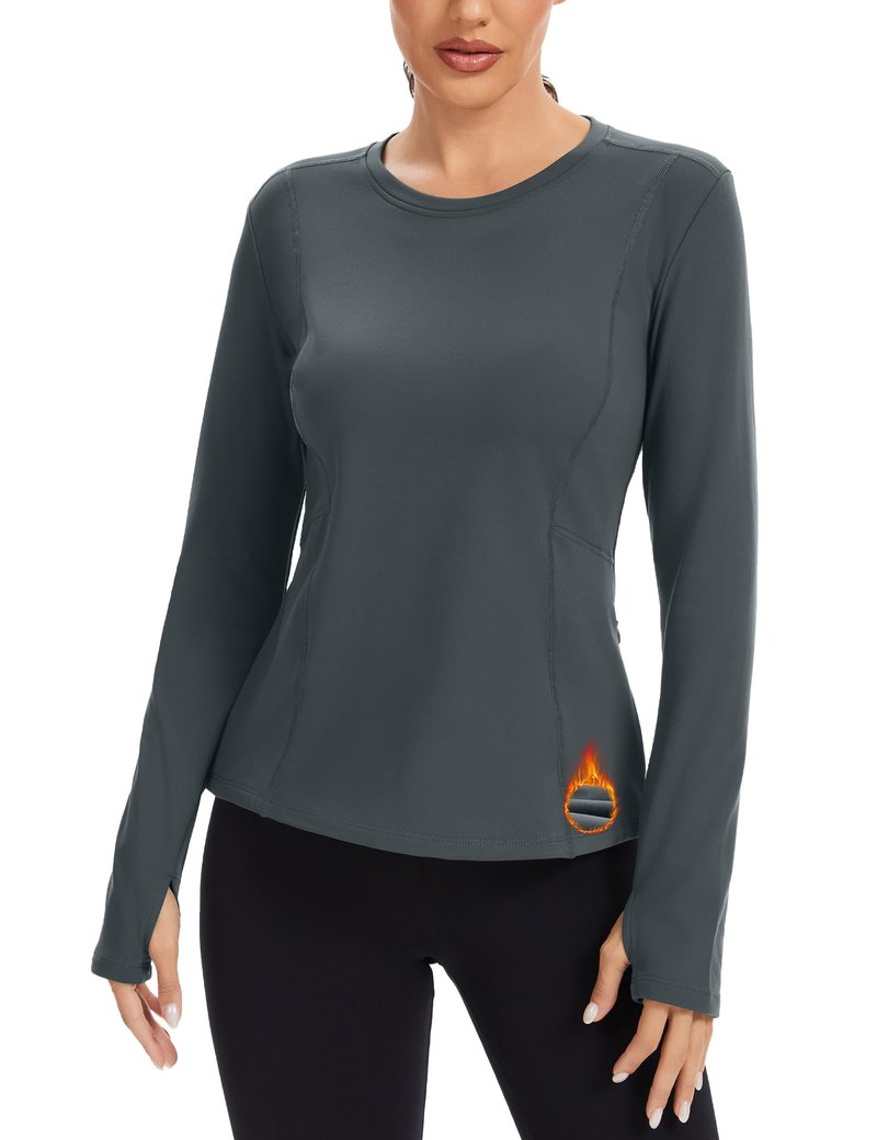 MathCat Thermal Shirts for Women Fleece Lined Long Sleeve Thermal Tops Base Layer Cold Weather Winter Gear Running Athletic Workout Underwear Zipper Pocket Grey