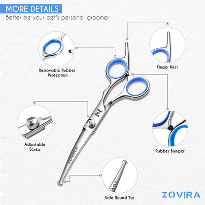 Dog Grooming Scissors Set, Pet Cat Hair Cutting Trimming Scissors - Straight with Leather Pouch – Stainless Steel (Pet Scissor Set)
