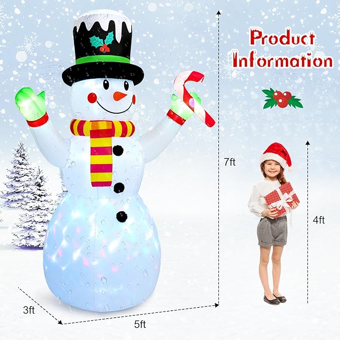 FRAMICS 7 FT Christmas Inflatable Outdoor Decoration,Snowman Christmas Inflatable Blow Up Christmas Decorations Outdoor with Built-in Colorful Rotating LEDs for Holiday Indoor Outdoor Garden