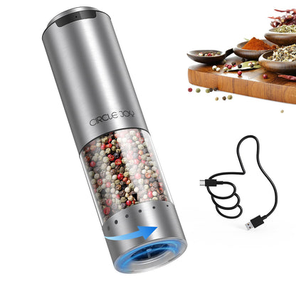 CIRCLE JOY Electric Pepper Grinder Stainless Steel Rechargeable Pepper Mill with External Adjustable Coarseness, 95ml Container and White LED Light, Silver