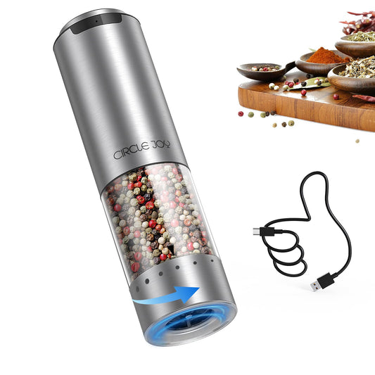 CIRCLE JOY Electric Pepper Grinder Stainless Steel Rechargeable Pepper Mill with External Adjustable Coarseness, 95ml Container and White LED Light, Silver
