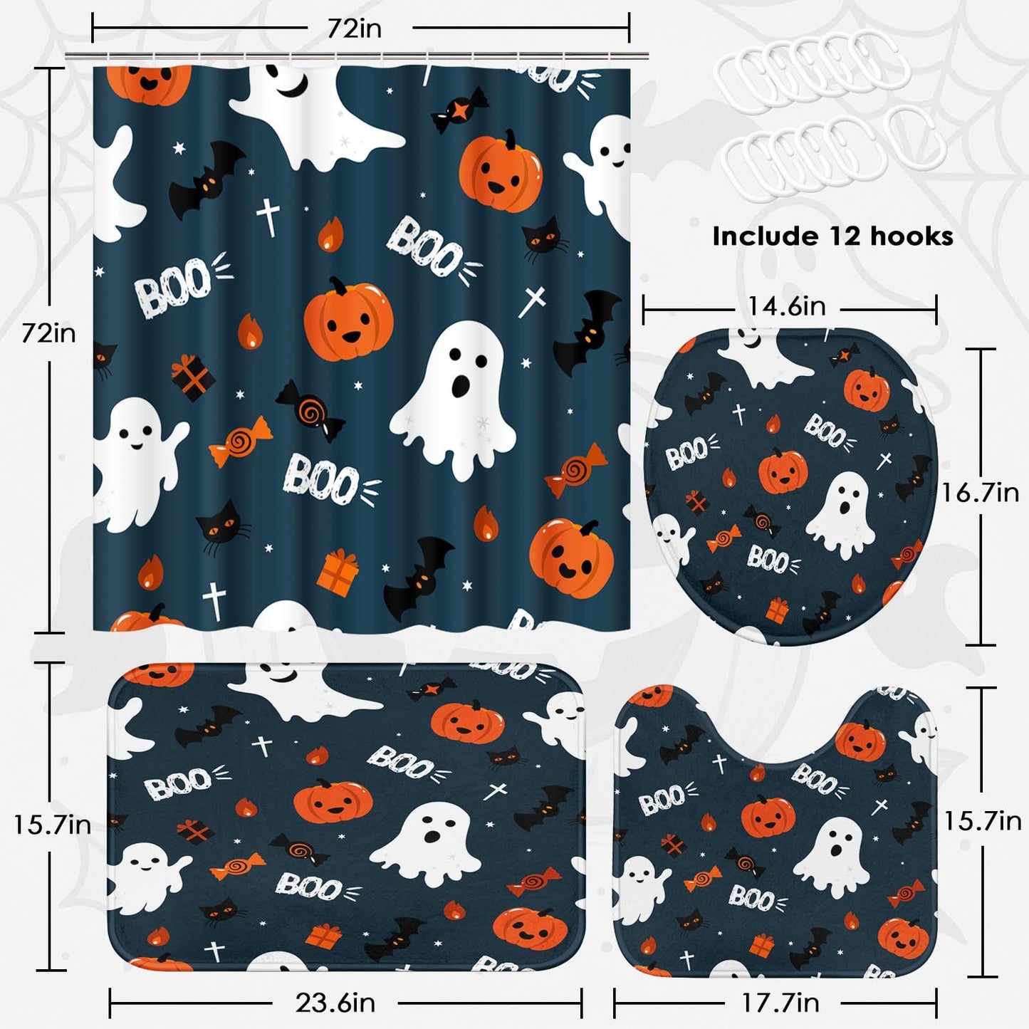 ArtSocket Fun Halloween Cute Ghosts Bathroom Set with Shower Curtain and Rugs Accessories, Pumpkins Halloween Spooky Spooky Shower Curtain for Bathroom Decor 4 Pcs