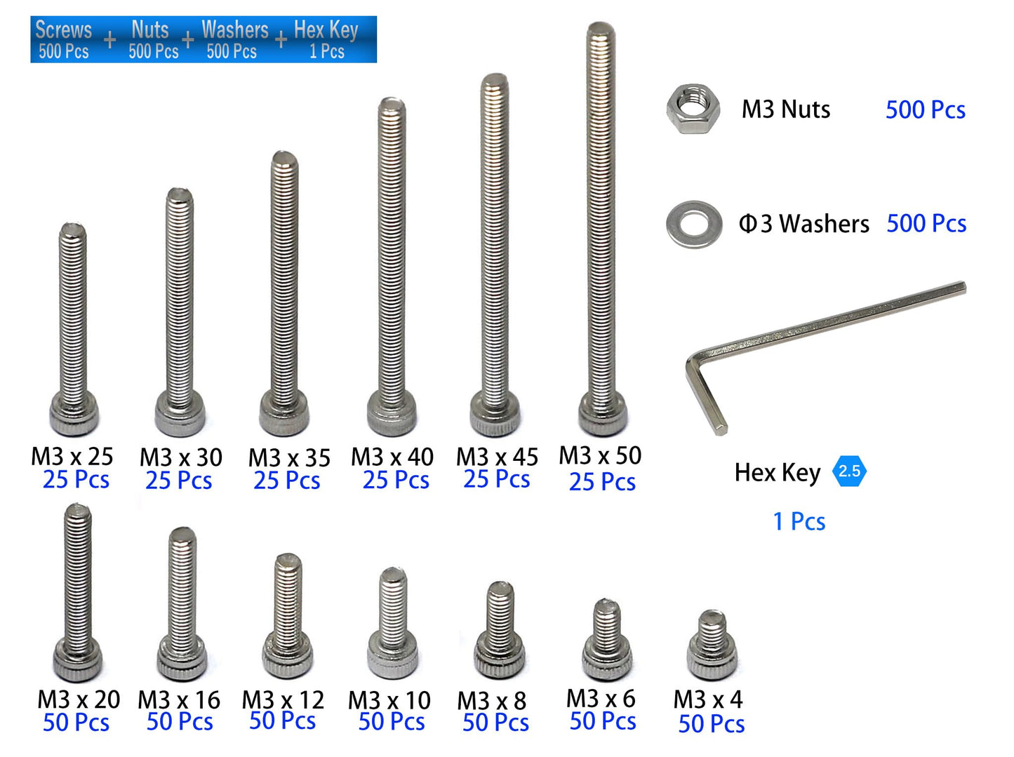 iexcell 1500 Pcs M3 x 4/6/8/10/12/16/20/25/30/35/40/45/50 Stainless Steel 304 Hex Socket Head Cap Screws Blots Nuts Washers Assortment Kit