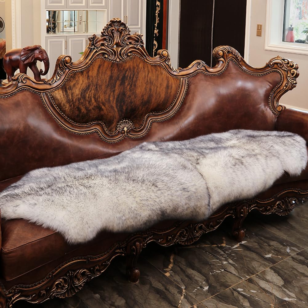 Genuine Sheepskin Rug with Little Patches-Real Wool Throw Carpet Pad for Bedroom Floor Living Room Sofa Fur(Wolf Tipped, 2FT×6FT Patchwork)