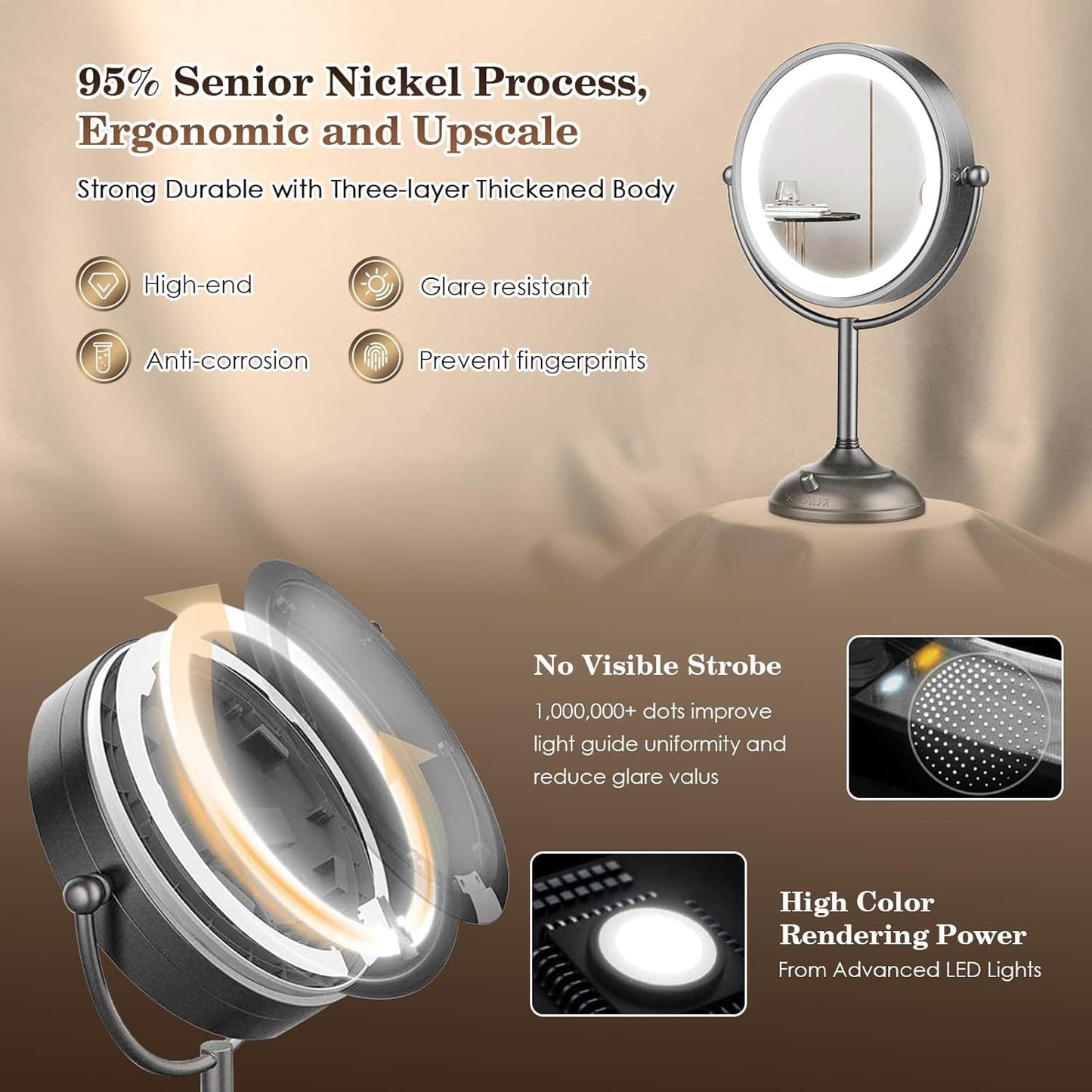 Professional 8.5" Large Lighted Makeup Mirror with Brighter Lights, 1X/10X True HD Magnifying Mirror with 3 Color Dimmable Lights, 90 Shadowless LEDs, 360°Swivel Seamless Vanity Mirror, Pearl Nickel