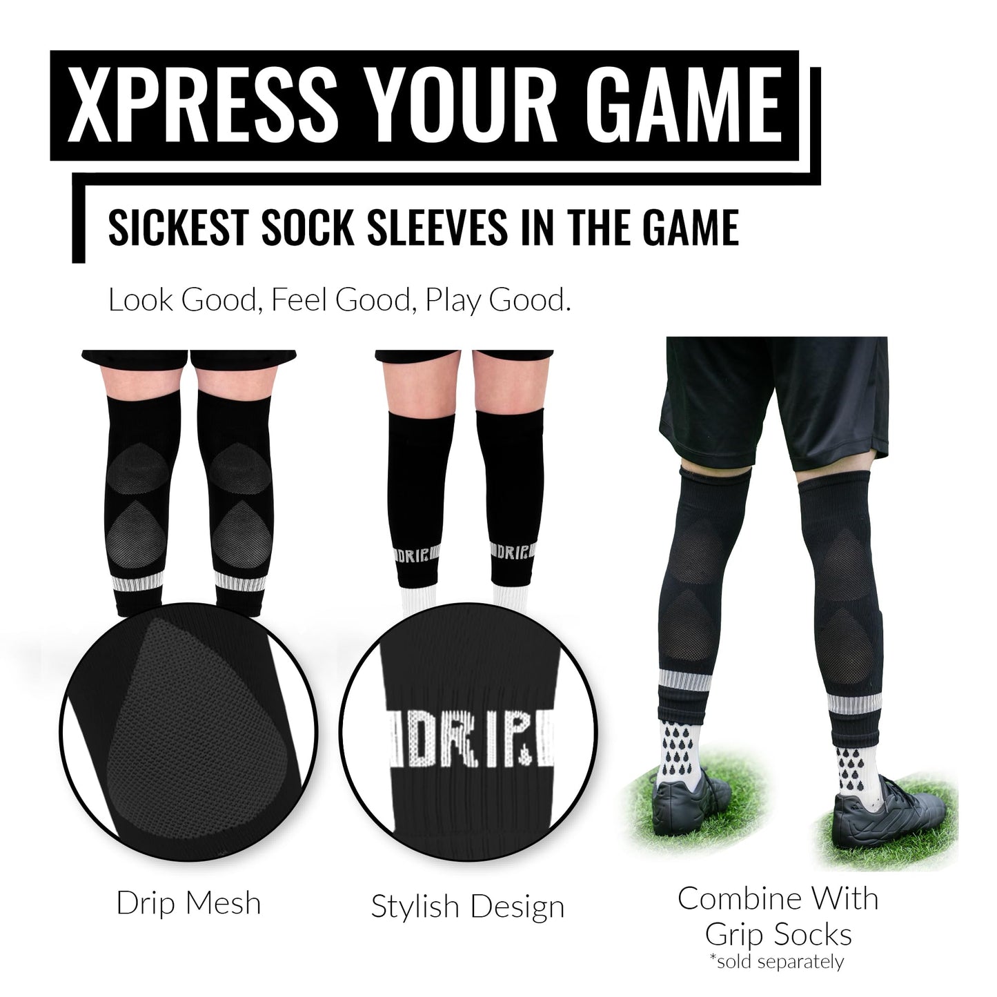 DRIPsox® Football Sock Sleeves - 3 Sizes for Kids, Men, Junior, Women (S:13C-3.5, M:4-7.5, L:8+) - Multiple Colours - 1 Pair (S) Black Football Sleeve Socks with Breathable Calf Comfort Mesh