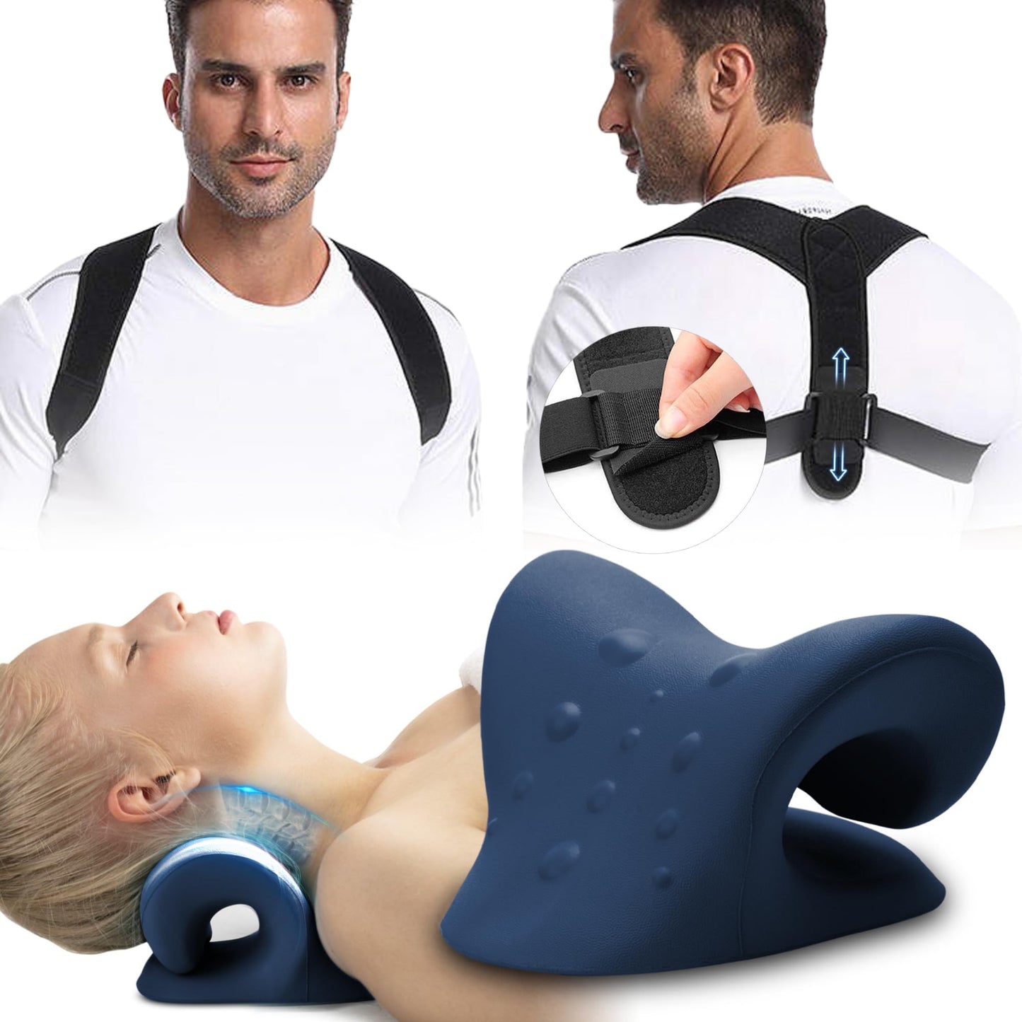 iBYWM Neck Stretcher & Posture Corrector for Women and Men, Cervical Traction for Spine Alignment, Adjustable Upper Back Brace & Elastic Support for Shoulder Back Pain Relief (Dark Blue)