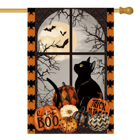 AVOIN colorlife Halloween Pumpkin Trick or Treat Boo House Flag 28 x 40 Inch Double Sided, Black Cat Bat Moon Holiday Yard Outdoor Decorative Flag
