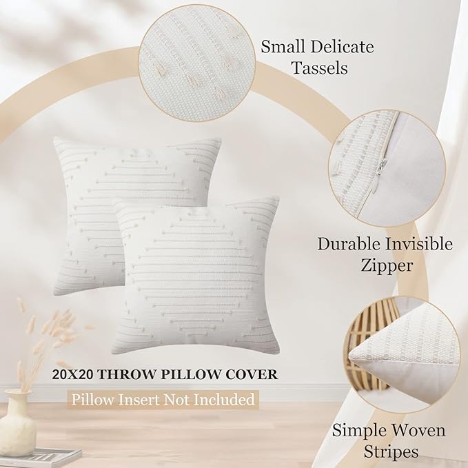 Mecatny Boho Outdoor Throw Pillow Covers 20X20 Set of 2, Farmhouse Decorative Pillow Covers for Couch Sofa Living Room, Beige & Cream White