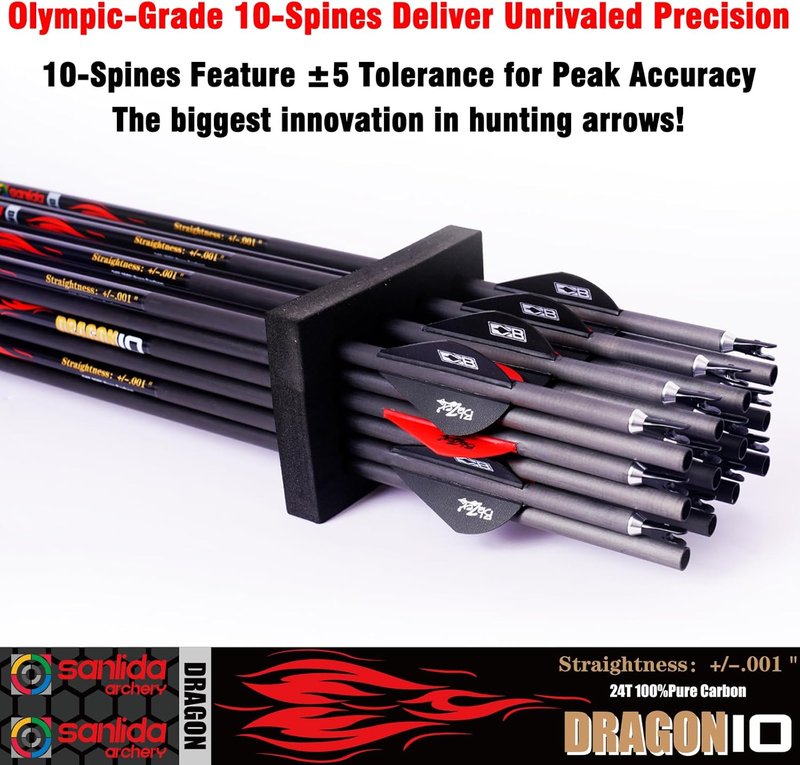 100% Pure Carbon Hunting Arrows - Olympic-Grade 10 Spine Deflection | 0.001"/0.003"/0.006" Straightness, Ideal for Compound & Recurve Bows (12/24PCS)