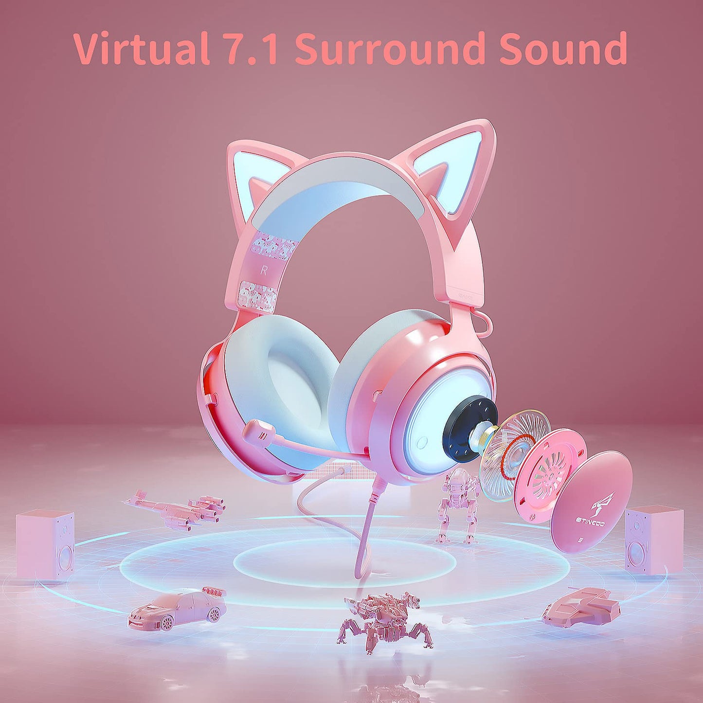 EASARS Pink Gaming Headset GS510, Wired, Over Ear, Cat Ear Design with RGB Lighting, 7.1 Surround Sound, Retractable Mic, Compatible with PC, PS4, PS5